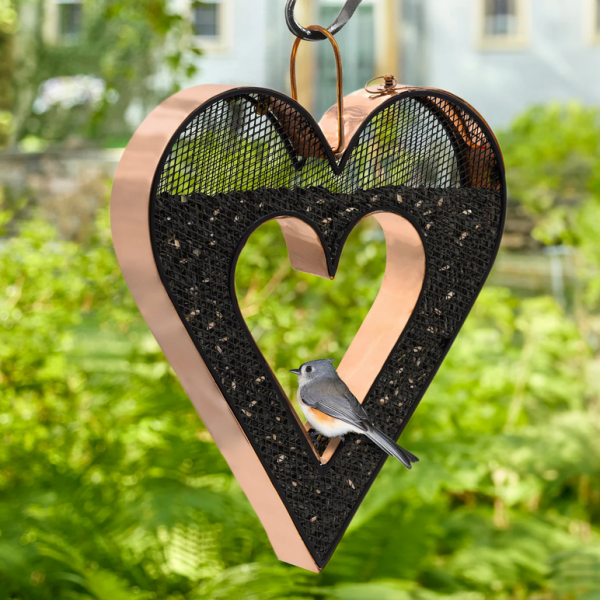 Heart-Shaped Copper Bird Feeder With Mesh Panels